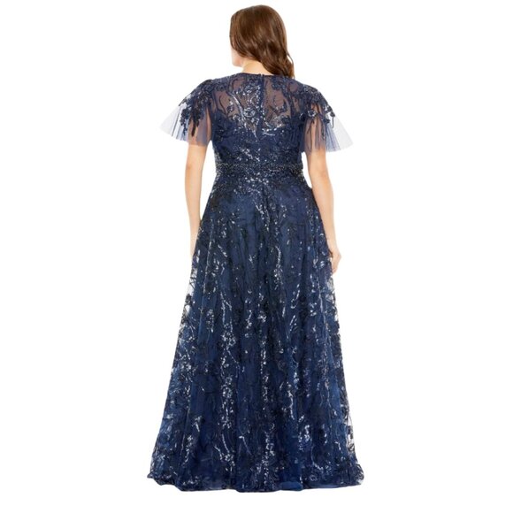 Mac Duggal 20469 Size 14W 14 Dark Blue High Neck Flutter Sleeve Long Gown Dress - Picture 4 of 4